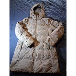 Uniqlo Seamless Down Coat Womens Medium Taupe Brown Hooded Puffer Parka 409124
